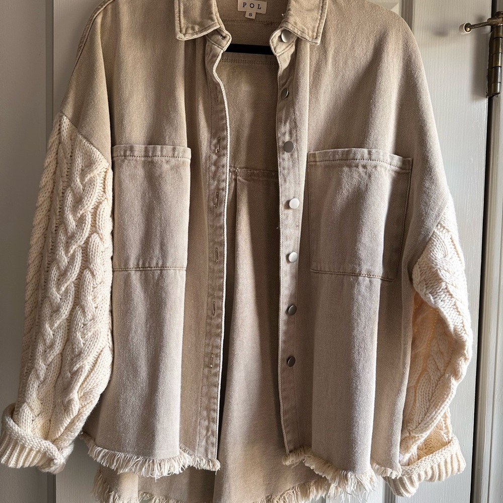 POL Women's Cream Jean Jacket with Knit Sleeves